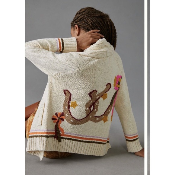 Anthropologie Maeve Duffle Western Lucky Horseshoe Equestrian Cardigan Sweater M